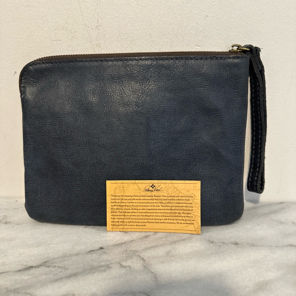 Patricia Nash denim Navy Leather Clutch wristlet with authenticity card